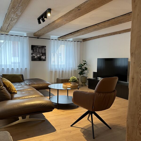 Wohnzimmer im Ferienhaus 1850 in Balgheim mit Ledersofa und Fernseher